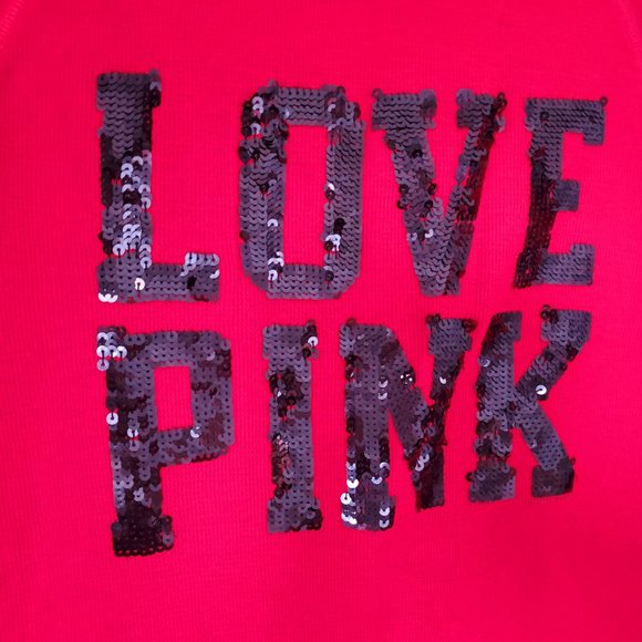 LOVE PINK Red Henley Short Top Jersey Knit Black Sequins Mini Waffle Layering - Picture 4 of 7